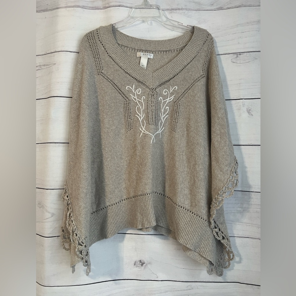 Kenar Women’s Oatmeal Cozy Knit Cotton Embroidered Poncho - SZ: M/L - Picture 4 of 11